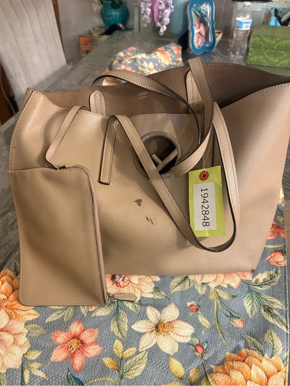 Fendi Taupe Leather Tote with Signature Round Logo